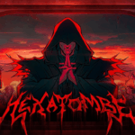 Arte oficial do episódio 3 de Ordem Paranormal: Hexatombe mostrando uma figura encapuzada central em posição de oração contra um céu vermelho apocalíptico. A figura veste uma capa negra com detalhes vermelhos e está cercada por outras silhuetas ameaçadoras. O logo "HEXATOMBE" aparece em tipografia death metal sangrenta na parte inferior. Atmosfera sombria de ritual de sobrevivência no sertão.