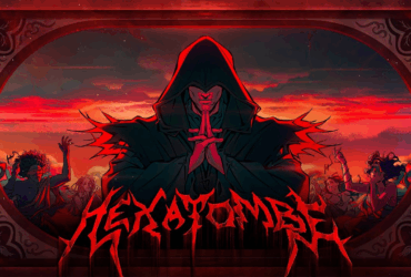 Arte oficial do episódio 3 de Ordem Paranormal: Hexatombe mostrando uma figura encapuzada central em posição de oração contra um céu vermelho apocalíptico. A figura veste uma capa negra com detalhes vermelhos e está cercada por outras silhuetas ameaçadoras. O logo "HEXATOMBE" aparece em tipografia death metal sangrenta na parte inferior. Atmosfera sombria de ritual de sobrevivência no sertão.