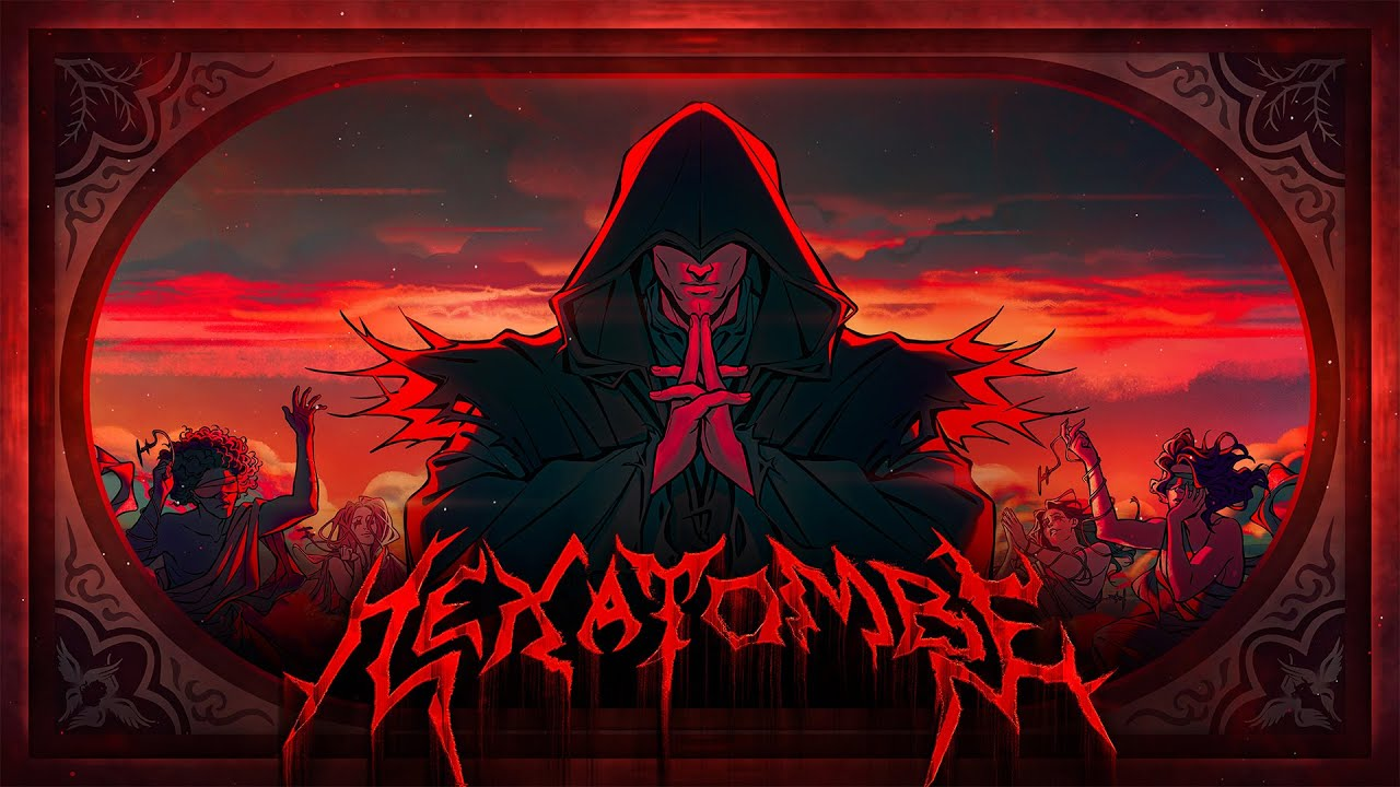 Arte oficial do episódio 3 de Ordem Paranormal: Hexatombe mostrando uma figura encapuzada central em posição de oração contra um céu vermelho apocalíptico. A figura veste uma capa negra com detalhes vermelhos e está cercada por outras silhuetas ameaçadoras. O logo "HEXATOMBE" aparece em tipografia death metal sangrenta na parte inferior. Atmosfera sombria de ritual de sobrevivência no sertão.