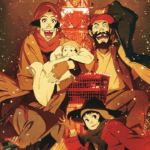 Cena de Tokyo Godfathers mostrando Gin, Hana e Miyuki segurando o bebê Kiyoko em meio às luzes de Natal em Tóquio, com neve caindo e a cidade iluminada ao fundo