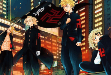 Ilustração de personagens de Tokyo Revengers com uniformes pretos e vermelhos da gangue Toman em cenário urbano noturno de Tóquio