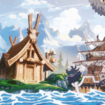 Ilustração vibrante do arco de Elbaf de One Piece mostrando a ilha dos gigantes com arquitetura viking, montanhas nevadas ao fundo e o navio dos Piratas do Chapéu de Palha navegando em águas azuis cristalinas