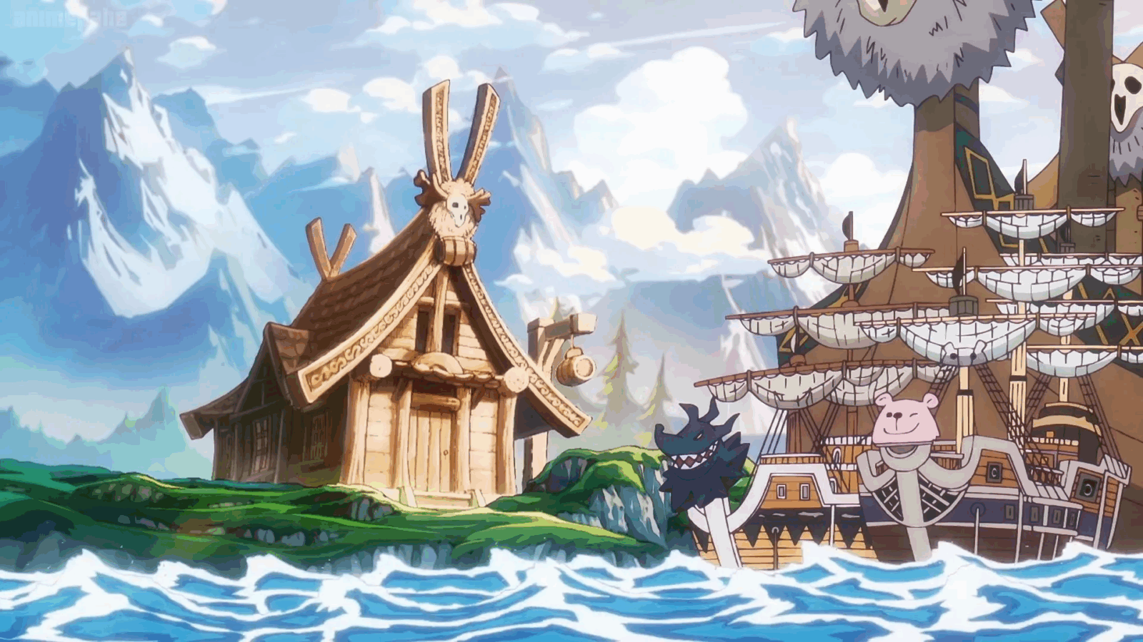 Ilustração vibrante do arco de Elbaf de One Piece mostrando a ilha dos gigantes com arquitetura viking, montanhas nevadas ao fundo e o navio dos Piratas do Chapéu de Palha navegando em águas azuis cristalinas