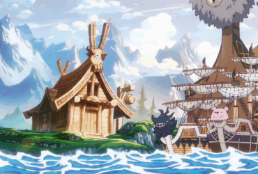 Ilustração vibrante do arco de Elbaf de One Piece mostrando a ilha dos gigantes com arquitetura viking, montanhas nevadas ao fundo e o navio dos Piratas do Chapéu de Palha navegando em águas azuis cristalinas