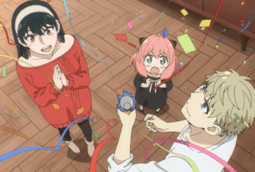 Loid, Yor e Anya da família Forger cercados por confetes e fitas coloridas em cena festiva de Spy x Family