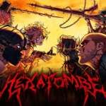 Arte oficial de Hexatombe Episódio 7 mostrando personagens em batalha com céu alaranjado, correntes, armaduras e logo Hexatombe em vermelho - Ordem Paranormal