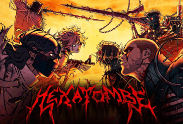 Arte oficial de Hexatombe Episódio 7 mostrando personagens em batalha com céu alaranjado, correntes, armaduras e logo Hexatombe em vermelho - Ordem Paranormal