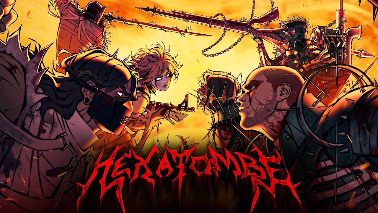 Arte oficial de Hexatombe Episódio 7 mostrando personagens em batalha com céu alaranjado, correntes, armaduras e logo Hexatombe em vermelho - Ordem Paranormal