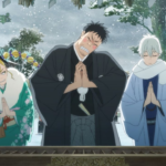 Personagens de Kaiju No. 8 em quimonos coloridos fazendo gesto de oração em santuário xintoísta nevado durante o hatsumode no Ano Novo japonês