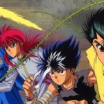 Yusuke Urameshi, Kuwabara, Kurama e Hiei em pose de ação, personagens principais do anime Yu Yu Hakusho sobre morte e vida após a morte