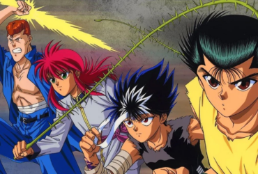 Yusuke Urameshi, Kuwabara, Kurama e Hiei em pose de ação, personagens principais do anime Yu Yu Hakusho sobre morte e vida após a morte