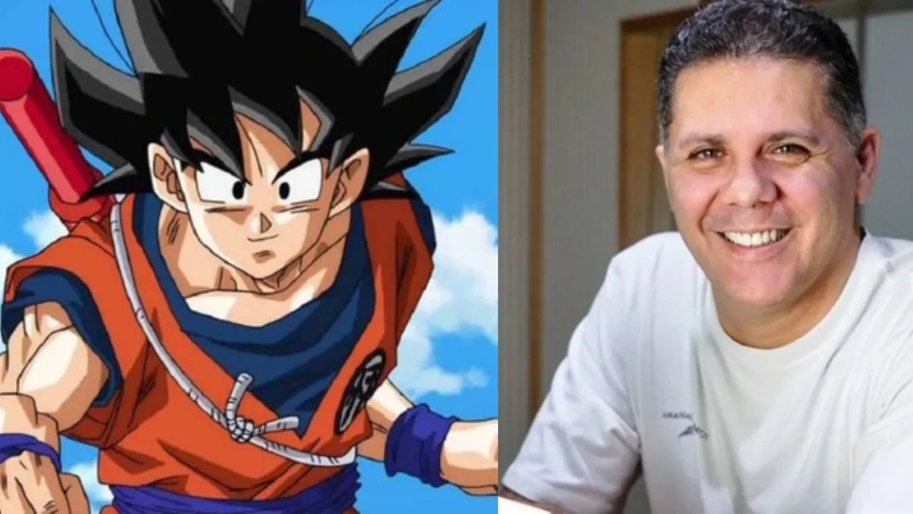Comparação lado a lado entre Goku de Dragon Ball Z e Wendel Bezerra, dublador brasileiro do personagem