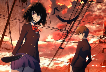 Personagens Mei Misaki e Kouichi Sakakibara de Another em cenário urbano com céu vermelho apocalíptico, fios de eletricidade e atmosfera de terror gótico