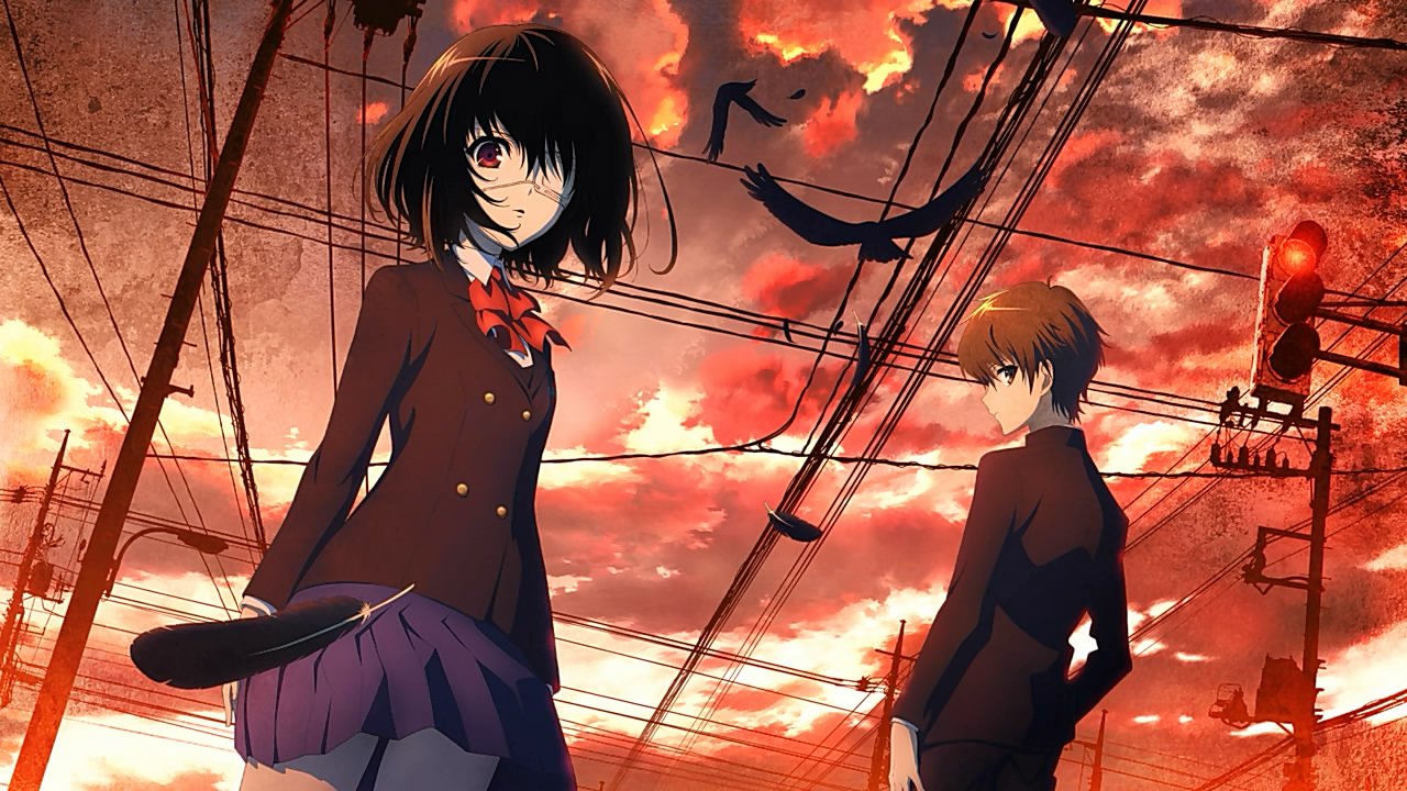 Personagens Mei Misaki e Kouichi Sakakibara de Another em cenário urbano com céu vermelho apocalíptico, fios de eletricidade e atmosfera de terror gótico