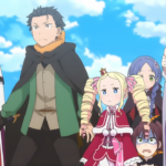 Grupo de personagens de Re:Zero incluindo Subaru Natsuki, Beatrice, Emilia e aliados em cena emocional com céu azul ao fundo