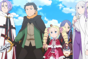 Grupo de personagens de Re:Zero incluindo Subaru Natsuki, Beatrice, Emilia e aliados em cena emocional com céu azul ao fundo
