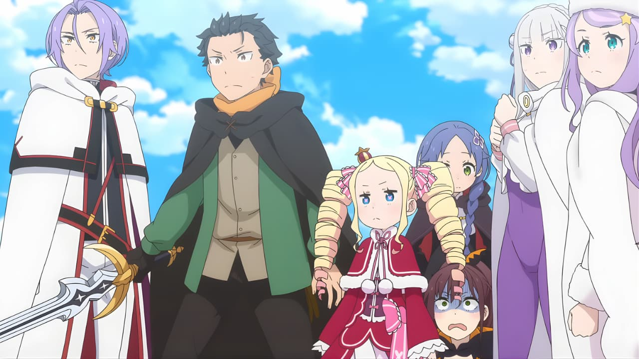 Grupo de personagens de Re:Zero incluindo Subaru Natsuki, Beatrice, Emilia e aliados em cena emocional com céu azul ao fundo