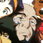 Arte promocional de Cowboy Bebop mostrando os personagens principais, representando animes originais que foram criados diretamente para o formato de animação sem adaptação de light novel
