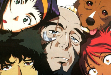 Arte promocional de Cowboy Bebop mostrando os personagens principais, representando animes originais que foram criados diretamente para o formato de animação sem adaptação de light novel