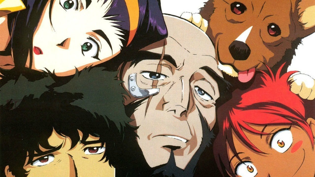 Arte promocional de Cowboy Bebop mostrando os personagens principais, representando animes originais que foram criados diretamente para o formato de animação sem adaptação de light novel