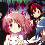 Personagens principais de Puella Magi Madoka Magica em composição que contrasta design fofo das magical girls com fundo geométrico sombrio, representando a mudança de tom narrativa do anime