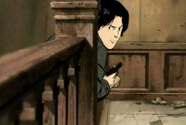 Cena dramática do anime Monster mostrando personagem em momento de tensão, obra filosófica que explora temas existencialistas e a dualidade do bem e do mal