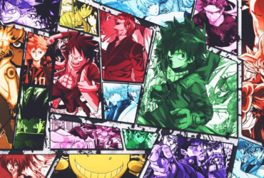 Colagem vibrante com personagens de animes shonen como Naruto, Luffy, Goku, Deku, Ichigo e outros protagonistas icônicos em filtros coloridos representando os crossovers mais desejados pelos fãs