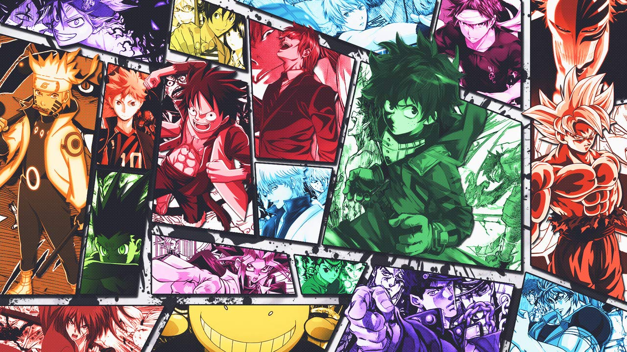 Colagem vibrante com personagens de animes shonen como Naruto, Luffy, Goku, Deku, Ichigo e outros protagonistas icônicos em filtros coloridos representando os crossovers mais desejados pelos fãs