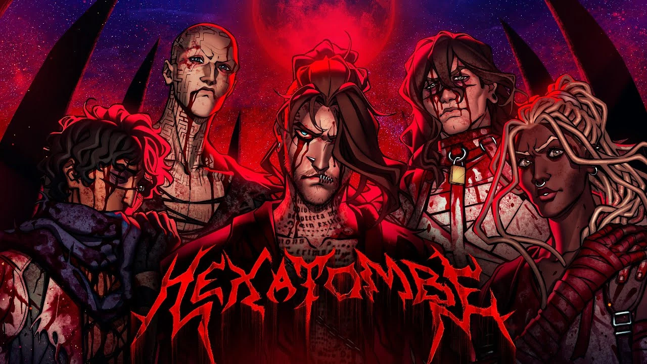 Arte oficial do episódio 10 Renascimento de Ordem Paranormal Hexatombe mostrando o momento em que Juan se torna o Portador do Trono do Diabo enquanto Lena e Remi assistem, com o céu vermelho escarlate ao fundo
