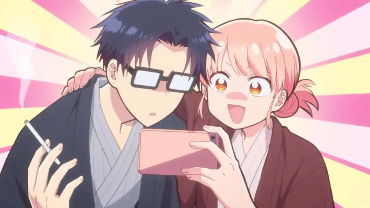 Narumi Momose e Hirotaka Nifuji personagens de Wotakoi Love is Hard for Otaku tirando selfie em cena do anime