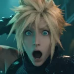 Cloud Strife, de Final Fantasy VII Remake, com expressão de surpresa, cabelo loiro espetado e armadura no ombro em ambiente futurista