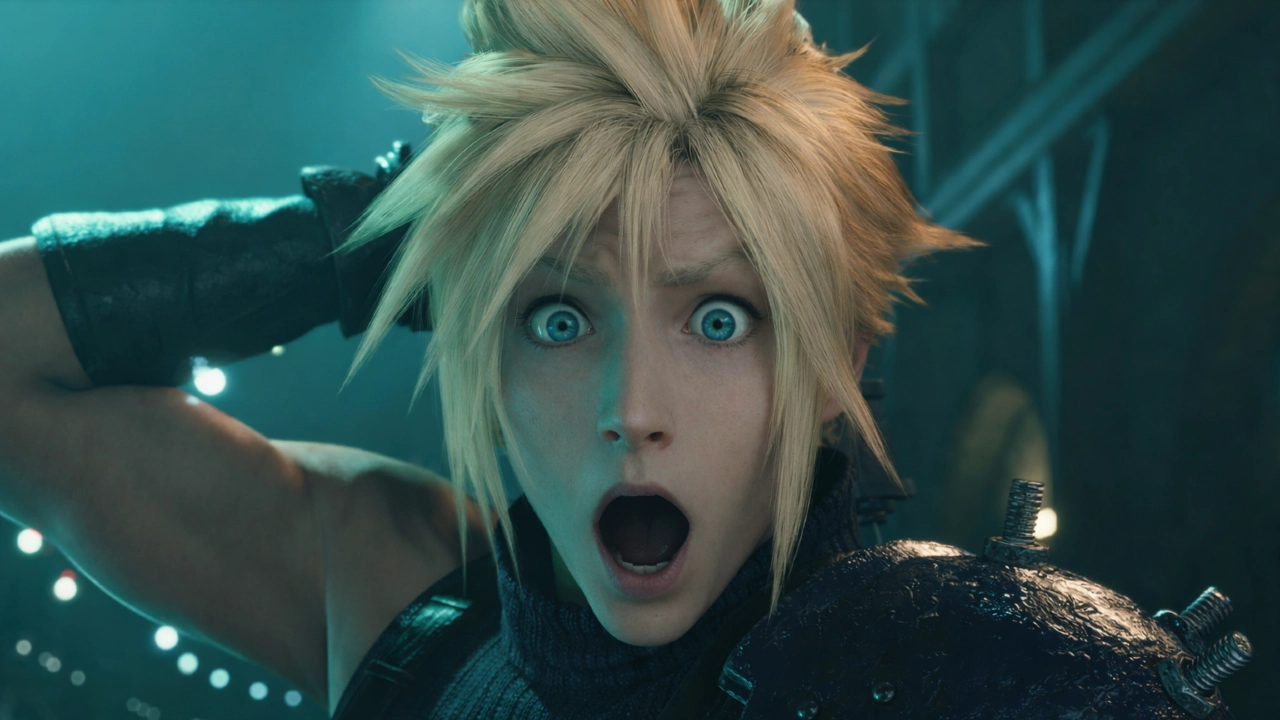 Cloud Strife, de Final Fantasy VII Remake, com expressão de surpresa, cabelo loiro espetado e armadura no ombro em ambiente futurista