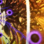 Screenshot de My Hero Academia All's Justice mostrando combate épico contra All For One Rewind no Story Mode, com efeitos visuais roxos e dourados