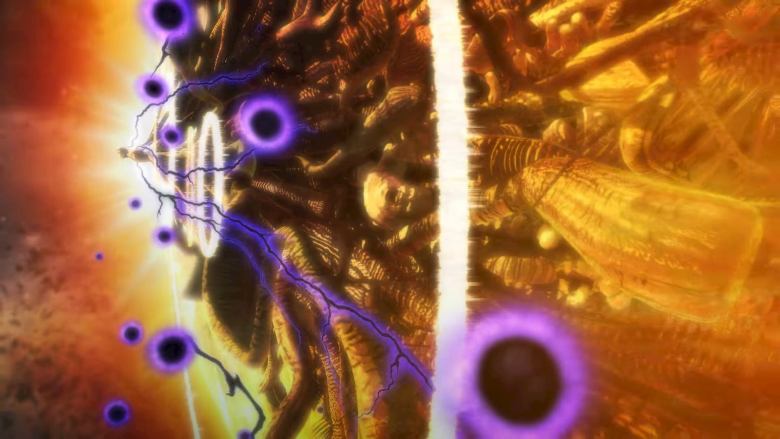 Screenshot de My Hero Academia All's Justice mostrando combate épico contra All For One Rewind no Story Mode, com efeitos visuais roxos e dourados