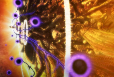 Screenshot de My Hero Academia All's Justice mostrando combate épico contra All For One Rewind no Story Mode, com efeitos visuais roxos e dourados