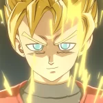 Imagem de personagem inédito de Dragon Ball em AGE 1000, com cabelo loiro em forma Super Saiyajin, olhos claros e aura dourada intensa ao redor do corpo.