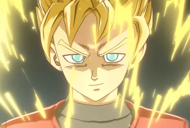 Imagem de personagem inédito de Dragon Ball em AGE 1000, com cabelo loiro em forma Super Saiyajin, olhos claros e aura dourada intensa ao redor do corpo.