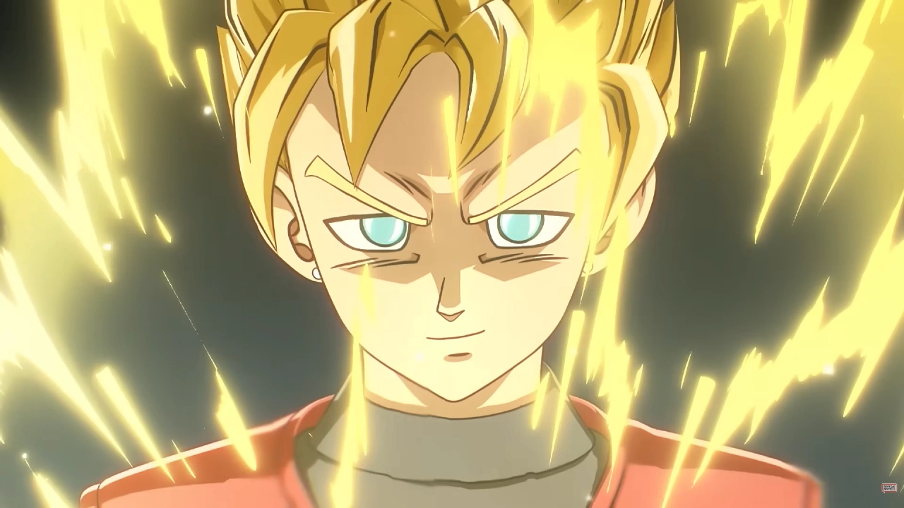 Imagem de personagem inédito de Dragon Ball em AGE 1000, com cabelo loiro em forma Super Saiyajin, olhos claros e aura dourada intensa ao redor do corpo.