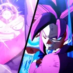 Cena de batalha em Dragon Ball Z Kakarot mostrando personagem com aura roxa e energia concentrada enfrentando inimigo poderoso