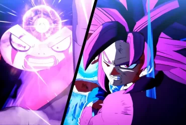 Cena de batalha em Dragon Ball Z Kakarot mostrando personagem com aura roxa e energia concentrada enfrentando inimigo poderoso