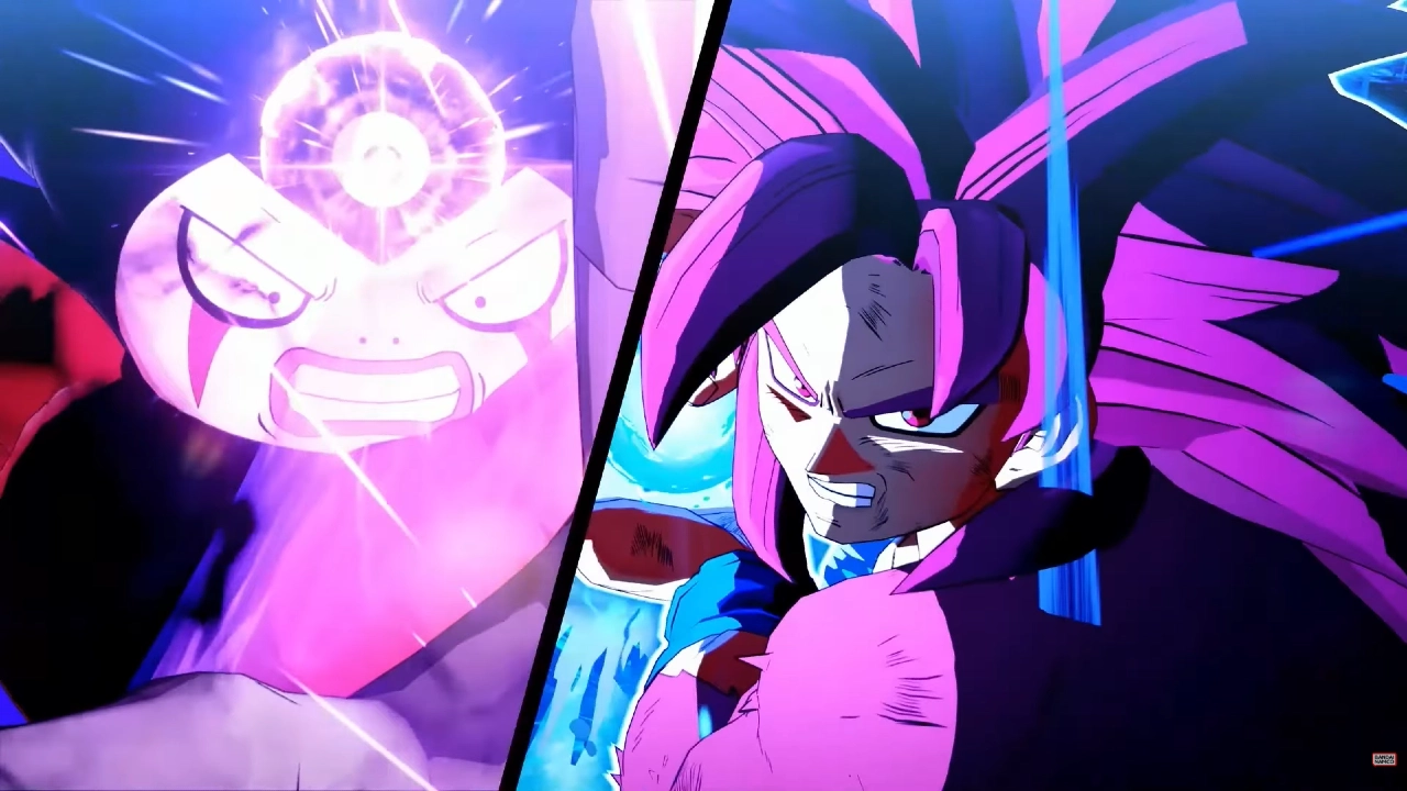 Cena de batalha em Dragon Ball Z Kakarot mostrando personagem com aura roxa e energia concentrada enfrentando inimigo poderoso