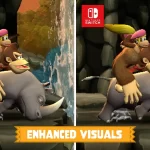 Comparação gráfica de Donkey Kong Country Returns HD mostrando Donkey Kong, Dixie Kong e Rambi com melhorias visuais no Nintendo Switch 2