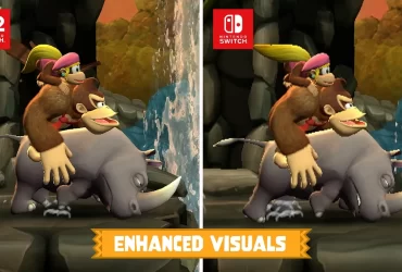 Comparação gráfica de Donkey Kong Country Returns HD mostrando Donkey Kong, Dixie Kong e Rambi com melhorias visuais no Nintendo Switch 2