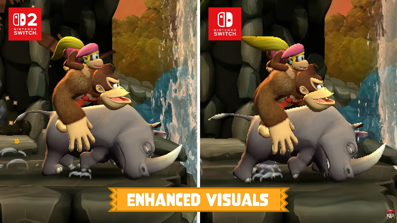 Comparação gráfica de Donkey Kong Country Returns HD mostrando Donkey Kong, Dixie Kong e Rambi com melhorias visuais no Nintendo Switch 2