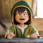 Personagem infantil de DRAGON QUEST VII Reimagined com chapéu verde e pena na mão, sorrindo enquanto escreve sobre uma mesa em ambiente iluminado.