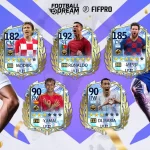 Cards de jogadores licenciados da FIFPRO em Football Dream: Be A Pro, incluindo Modric, Cristiano Ronaldo, Messi, Yamal e Di María, com suas pontuações e posições.