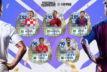 Cards de jogadores licenciados da FIFPRO em Football Dream: Be A Pro, incluindo Modric, Cristiano Ronaldo, Messi, Yamal e Di María, com suas pontuações e posições.