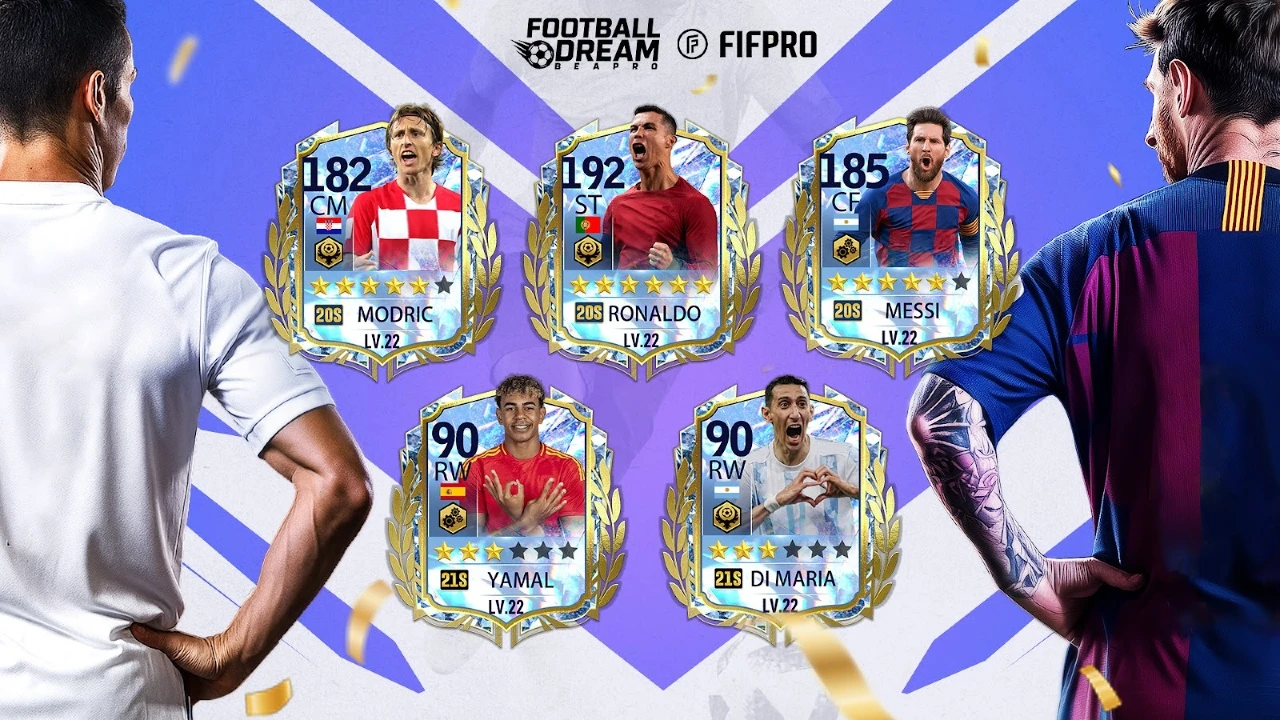 Cards de jogadores licenciados da FIFPRO em Football Dream: Be A Pro, incluindo Modric, Cristiano Ronaldo, Messi, Yamal e Di María, com suas pontuações e posições.