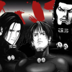 Personagens principais do mangá Gantz em arte preto e branco, representando um anime com final aberto frustrante discutido no artigo sobre finais ambíguos.