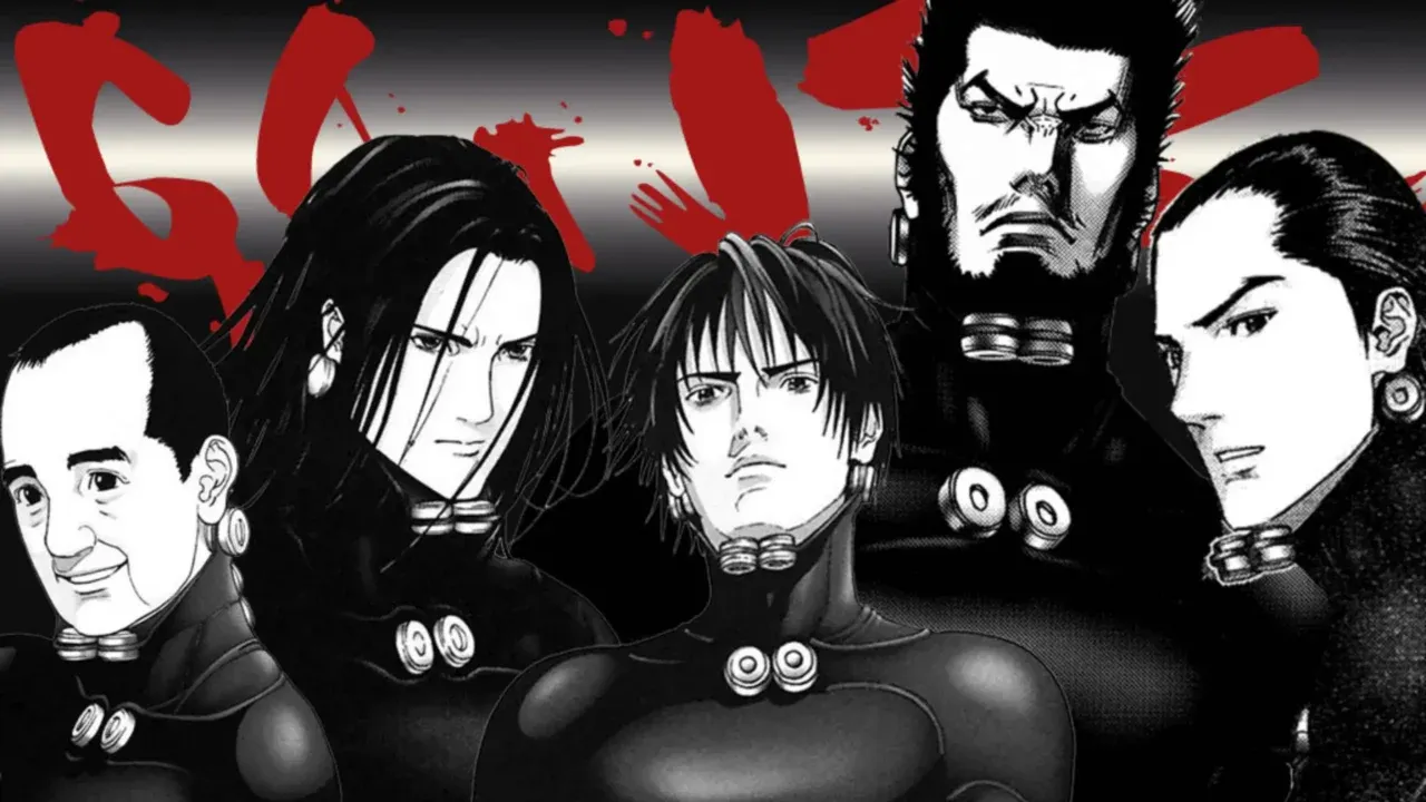 Personagens principais do mangá Gantz em arte preto e branco, representando um anime com final aberto frustrante discutido no artigo sobre finais ambíguos.